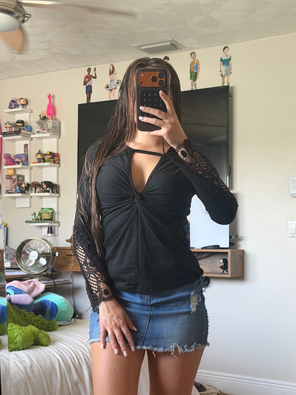 SHEIN Black Lace-Sleeve Twist Front Top